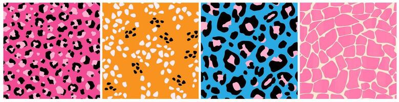 Set of seamless patterns with multi-colored animal ornaments. Abstract safari print of leopard, giraffe. Vector graphics.