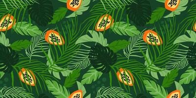 Seamless pattern with exotic tropical branches, leaves, palm trees, fruits. Vector graphics