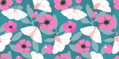 Seamless pattern with butterflies and flowers on a background of leaves. Summer abstract nature print. Vector graphics.