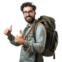 ai generiert ein Mann mit Brille und ein Rucksack mit ein Daumen oben Zeichen isoliert auf transparent Hintergrund png