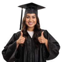 AI generated Young woman with graduation cap and gown and two thumbs up isolated on transparent background png