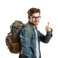 ai generiert ein Mann mit Brille und ein Rucksack mit ein Daumen oben Zeichen isoliert auf transparent Hintergrund png