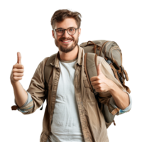 AI generated A man with glasses and a backpack with a thumbs up sign isolated on transparent background png