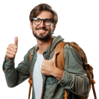 AI generated A man with glasses and a backpack with a thumbs up sign isolated on transparent background png