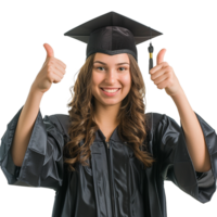 ai generado joven mujer con graduación gorra y vestido y dos pulgares arriba aislado en transparente antecedentes png