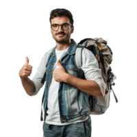 ai generiert ein Mann mit Brille und ein Rucksack mit ein Daumen oben Zeichen isoliert auf transparent Hintergrund png