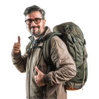 ai generiert ein Mann mit Brille und ein Rucksack mit ein Daumen oben Zeichen isoliert auf transparent Hintergrund png