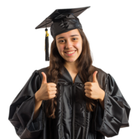 AI generated Young woman with graduation cap and gown and two thumbs up isolated on transparent background png