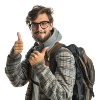 AI generated A man with glasses and a backpack with a thumbs up sign isolated on transparent background png