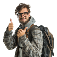 ai generiert ein Mann mit Brille und ein Rucksack mit ein Daumen oben Zeichen isoliert auf transparent Hintergrund png