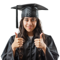 AI generated Young woman with graduation cap and gown and two thumbs up isolated on transparent background png