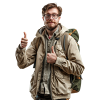 ai generiert ein Mann mit Brille und ein Rucksack mit ein Daumen oben Zeichen isoliert auf transparent Hintergrund png