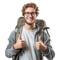 ai généré une homme avec des lunettes et une sac à dos avec une les pouces en haut signe isolé sur transparent Contexte png