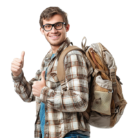 AI generated A man with glasses and a backpack with a thumbs up sign isolated on transparent background png