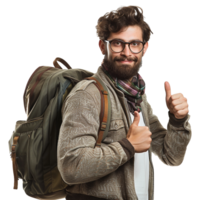 AI generated A man with glasses and a backpack with a thumbs up sign isolated on transparent background png