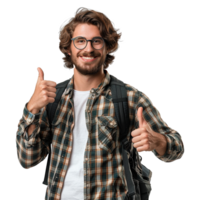 AI generated A man with glasses and a backpack with a thumbs up sign isolated on transparent background png