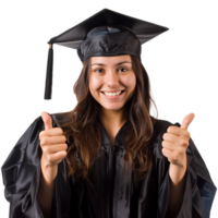 ai generado joven mujer con graduación gorra y vestido y dos pulgares arriba aislado en transparente antecedentes png