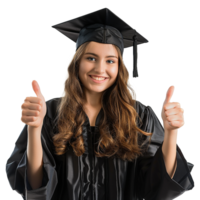 ai generado joven mujer con graduación gorra y vestido y dos pulgares arriba aislado en transparente antecedentes png