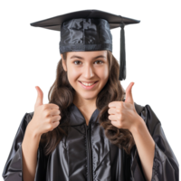 ai generado joven mujer con graduación gorra y vestido y dos pulgares arriba aislado en transparente antecedentes png