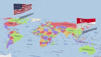 Cingapura e Unidos estados bandeira acenando com a mundo mapa, desatado ciclo dentro vento, 3d Renderização video