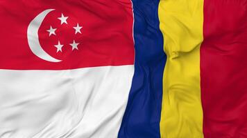 Singapore and Romania Flags Together Seamless Looping Background, Looped Bump Texture Cloth Waving Slow Motion, 3D Rendering video