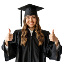 AI generated Young woman with graduation cap and gown and two thumbs up isolated on transparent background png