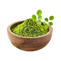 AI generated Moringa powder in wooden bowl isolated on transparent background png