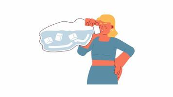 mujer Bebiendo con hielo agua 2d personaje animación. permanecer hidratado a caliente clima plano dibujos animados 4k video, transparente alfa canal. sediento hembra a calor animado persona en blanco antecedentes video