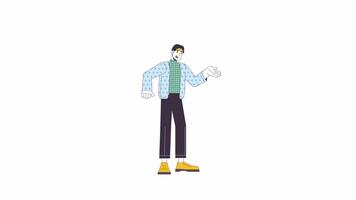 Asian man talking and gesturing line 2D character animation. Interesting conversation flat color cartoon 4K video, alpha channel. Positive male speaker animated person on white background video