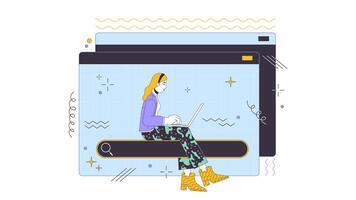 Suche Information online Linie 2d Animation. weiblich Benutzer mit Laptop Sitzung auf Website Feld 4k Video Bewegung Grafik. Frau Surfen auf Internet linear animiert Karikatur eben Konzept, Weiß Hintergrund