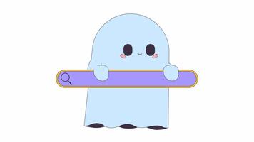 Using anonymous search engine line 2D animation. Little ghost holding webpage field 4K video motion graphic. Hiding personality on internet linear animated cartoon flat concept, white background