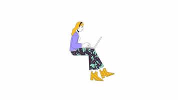 Woman with laptop bouncing legs line 2D character animation. Surfing internet flat color cartoon 4K video, alpha channel. Female user typing on computer animated person on white background video