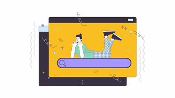 Easy web search line 2D animation. Male user bouncing legs lying on website bar 4K video motion graphic. Internet browser technology linear animated cartoon flat concept, white background