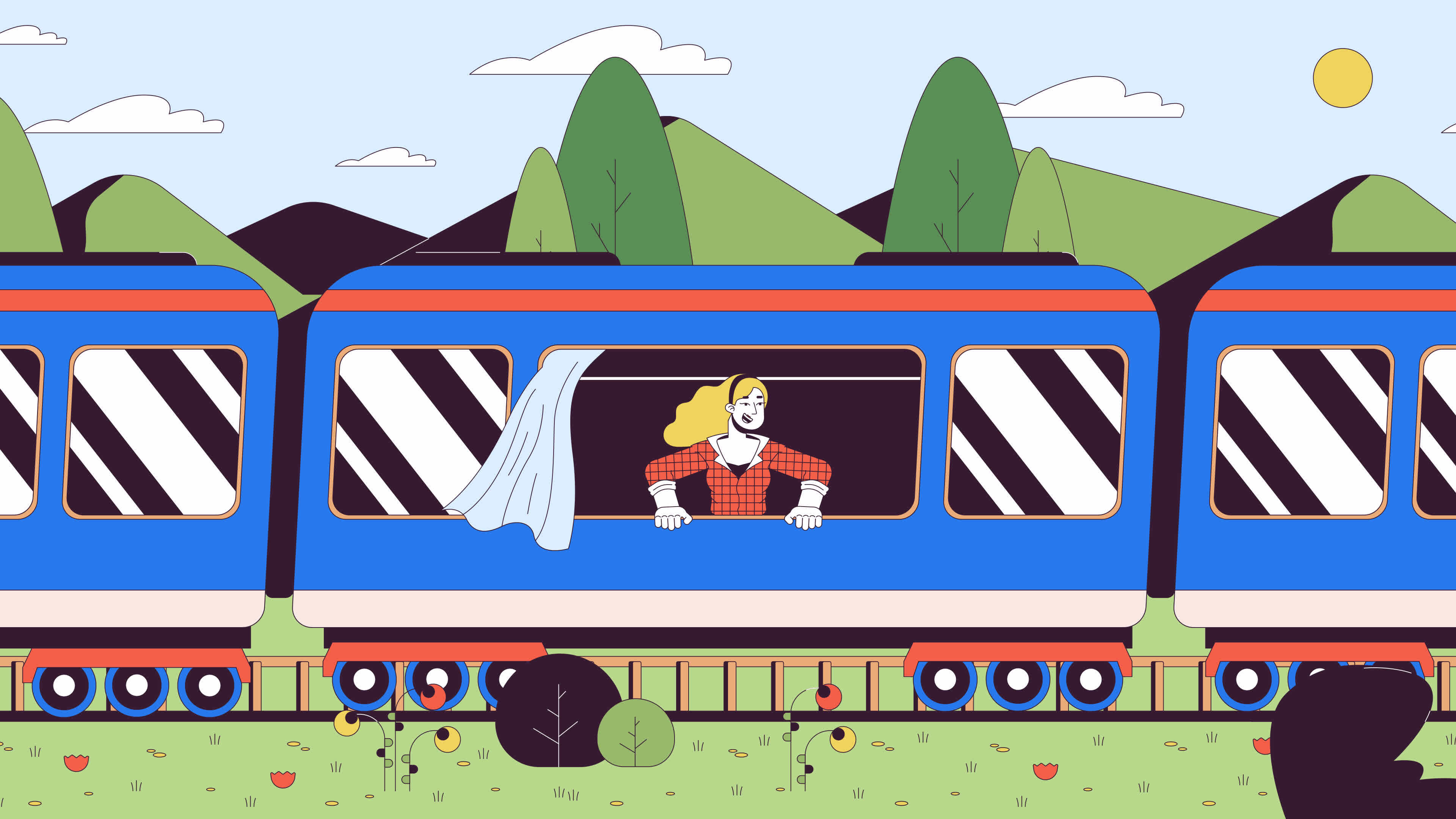 Traveling by railway line cartoon animation. Railroad passenger train ...