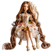 AI generated A beautiful doll with long hair on a chair on transparent background png