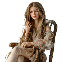 AI generated A beautiful doll with long hair on a chair on transparent background png