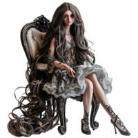 AI generated A beautiful doll with long hair on a chair on transparent background png