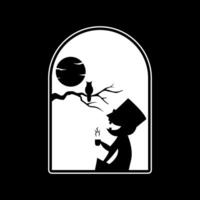 A silhouette of a man with a hat and a bird in a window vector