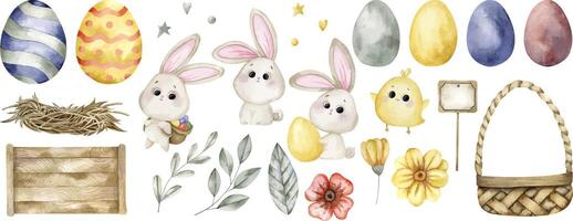 Vector easter set with bunny, chicken, box, basket, nest, flowers and eggs