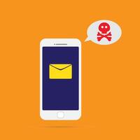 Malware notification on smartphone notice vector, flat mobile phone and skull bones bubble red alert, concept of spam data, fraud internet error message, insecure connection, online scam, virus. vector