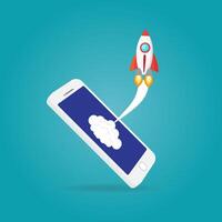 Rocket launch from smartphone startup concept. Flat design. Successful startup business concept. vector