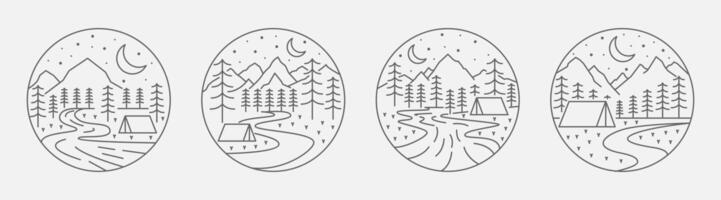 Collection of camping and mountain illustration with monoline or line art style, design can be for t-shirts, wrapping paper, printing needs vector