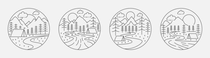 Collection of camping and mountain illustration with monoline or line art style, design can be for t-shirts, wrapping paper, printing needs vector