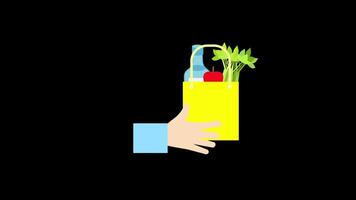 A hand holding a yellow bag with food icon concept loop animation video with alpha channel