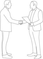 Line drawing of two businessman handshake with suitcase. Single line of two man shaking hand. Continuous line of two people hold hand each other isolated on white background. vector