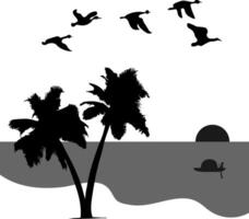 Sea beach side scene silhoette vector design coconut tree, flying birds, boat