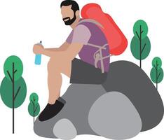 Hiking man sitting on mountains rock vector illustration