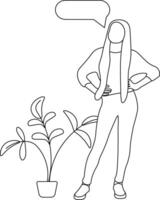 Thinking concept line art style. Young woman standing pointing at speech bubble above communicating thinking vector illustration