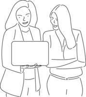 Two business women working together at laptop modern vector simple outline hand drawn illustration for graphic and web design Transparent background.