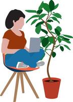 A happy young woman is sitting on a chair and using a laptop in the living room. Vector flat illustration